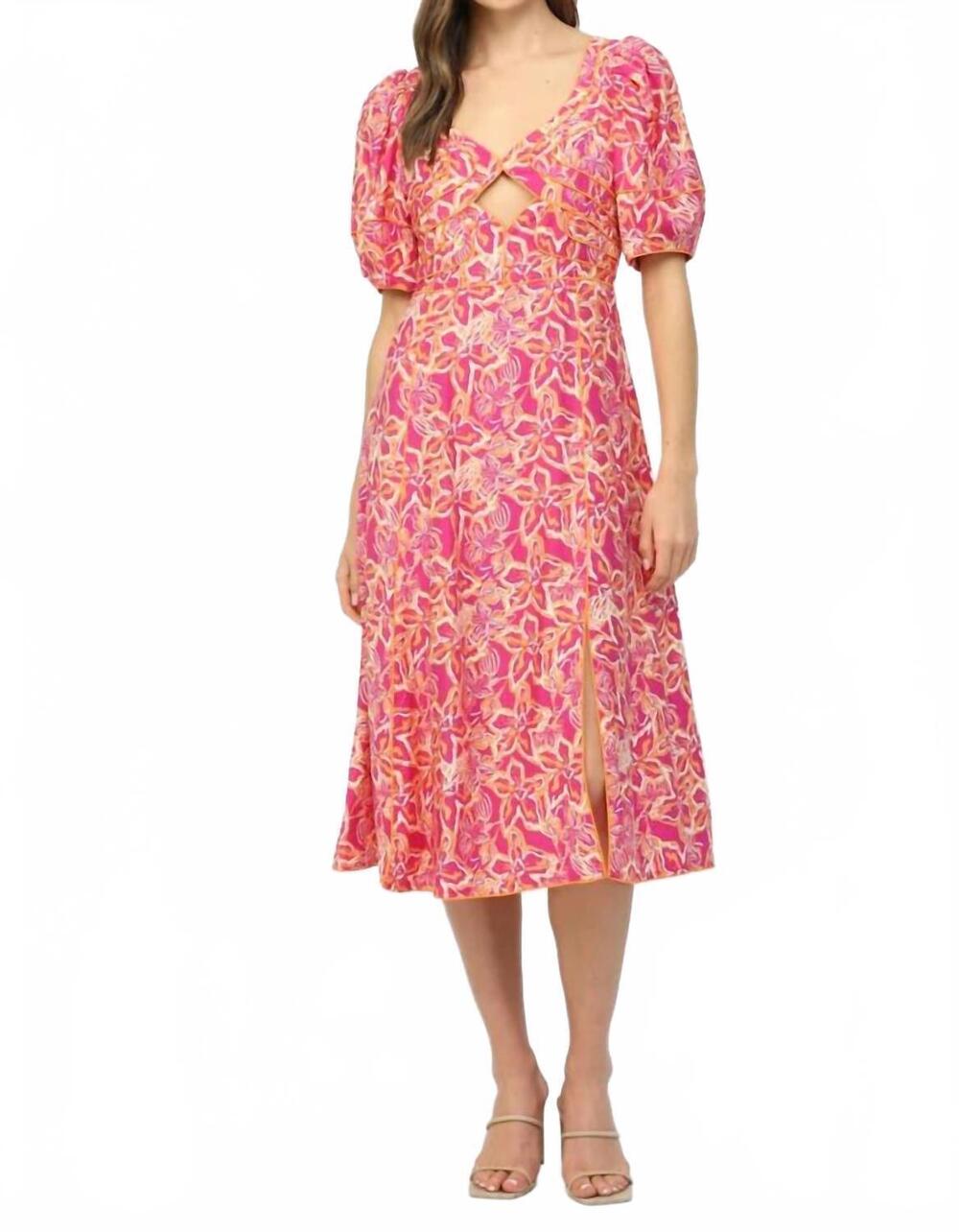 NEW FATE floral print midi dress in pink multi